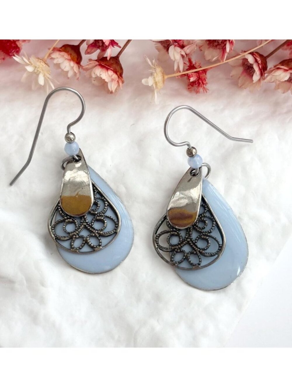 Layered Filigree Blue Enamel Hallmark Teardrop Silver Toned Vintage Earrings